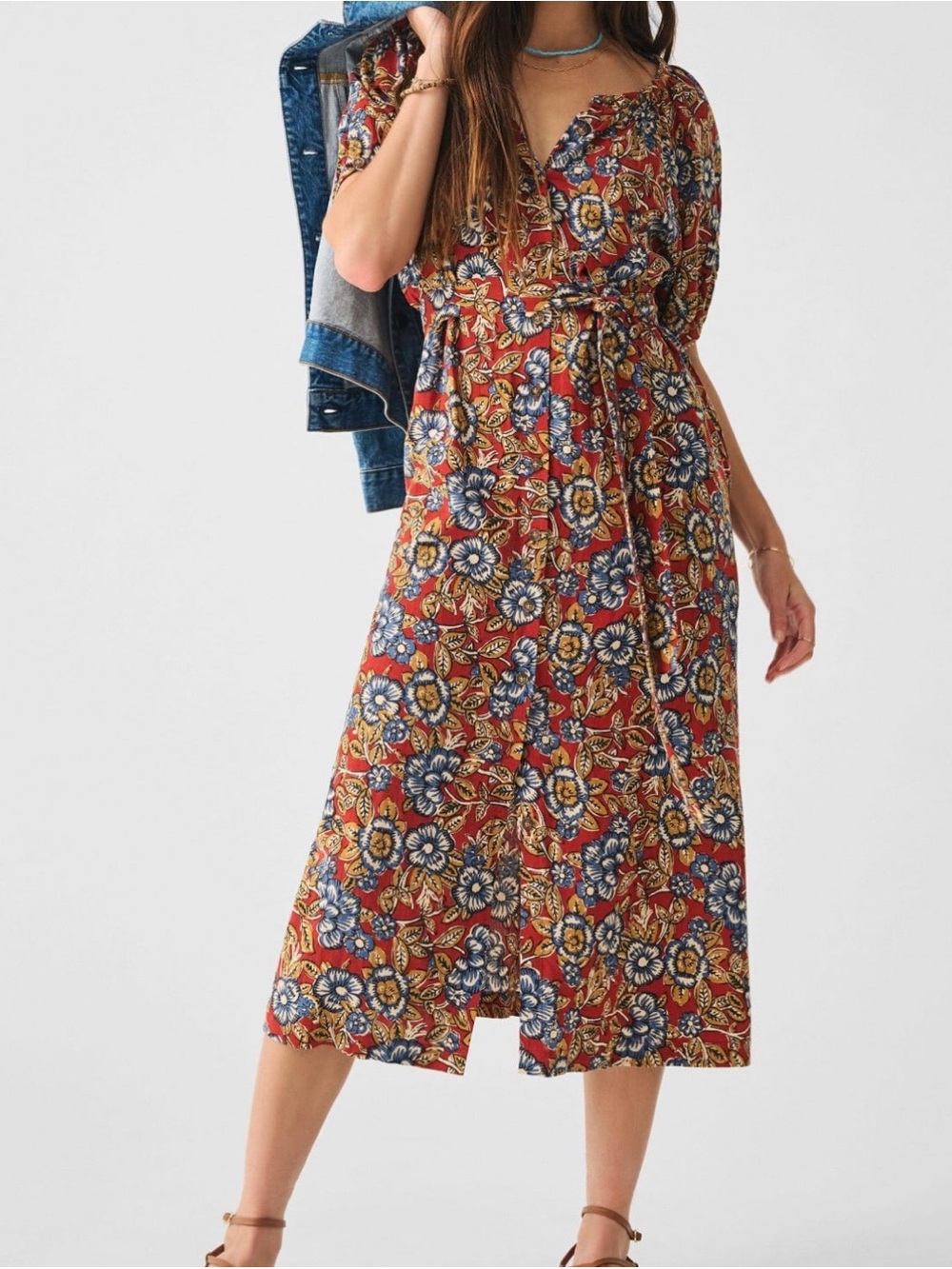 Faherty Carmel Linen Midi Dress Waist Tie Pockets in Red Desert Blossom Size XS